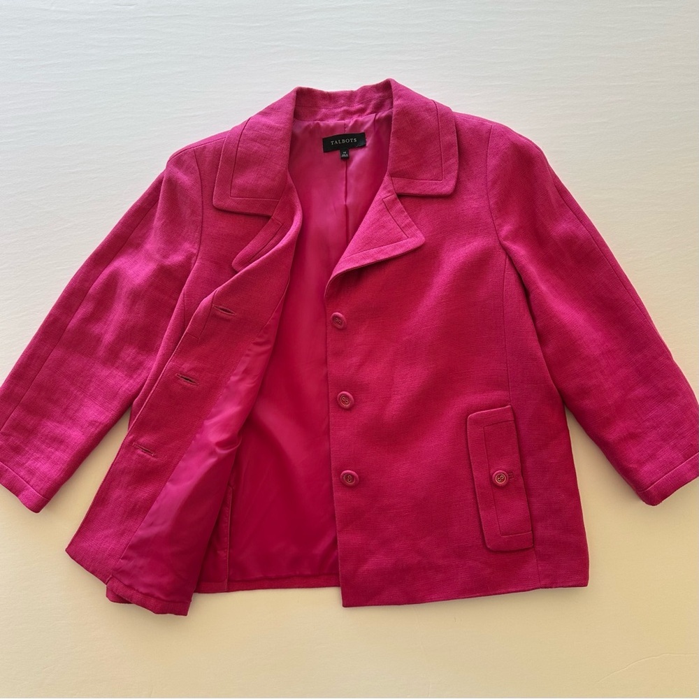 Talbots Linen Jacket Women's Size 14 Pink Jackie Fit 3-Button Lined Pockets - Picture 2 of 16
